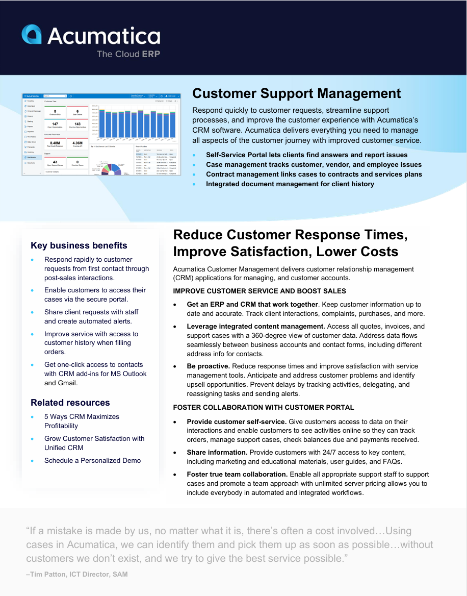  Streamline customer support with Acumatica Customer Support Management.  