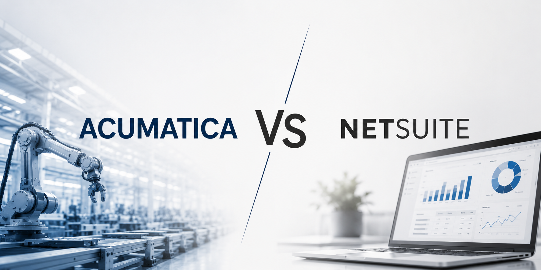  Acumatica vs. NetSuite comparison graphic featuring manufacturing equipment on one side and ERP analytics on the other.  